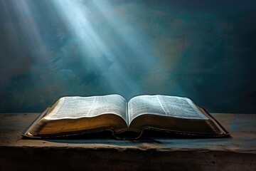 A single open bible sitting on a wooden table, great for various book-inspired and religious-themed projects