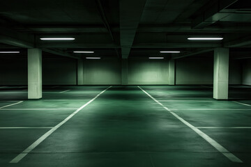 Empty Green Underground Parking Garage with Fluorescent Lighting