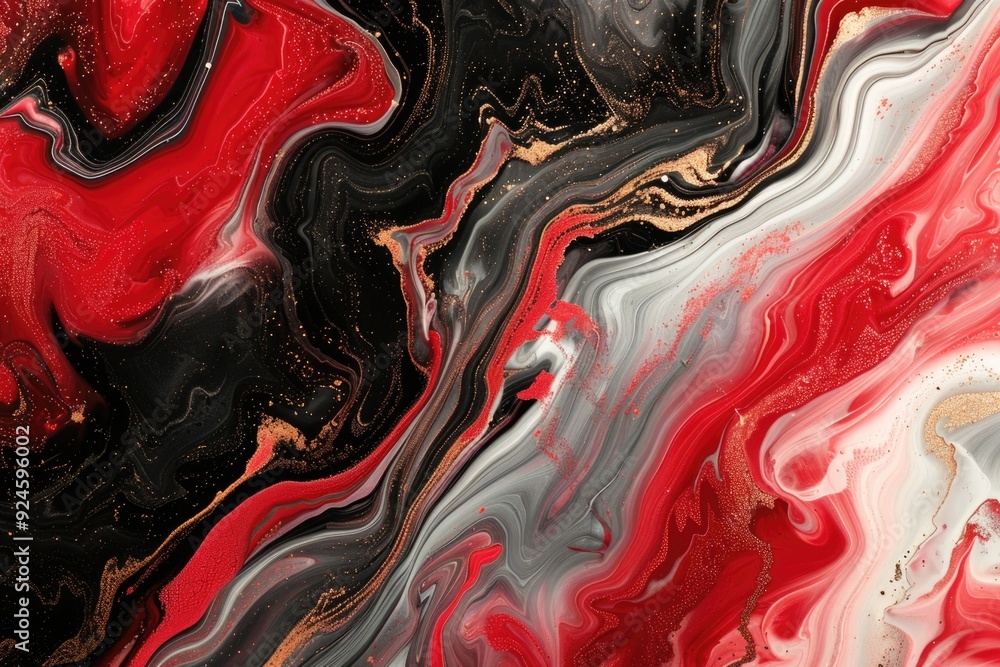 Poster A detailed view of a red and black marble, with intricate patterns and textures