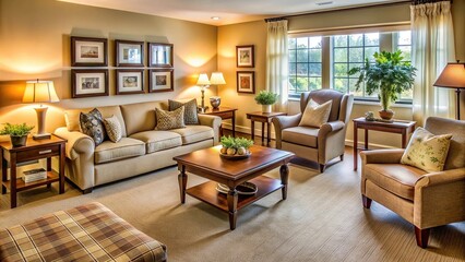 Fototapeta premium Homely Senior Apartment: Inviting, cozy, warm neutrals, comfortable furniture, personal keepsakes