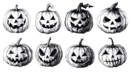 A group of pumpkin head masks in different styles, Halloween party collection, hand-drawn illustration, monochrome, isolated on white background