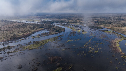 Aerial view of a lush river delta landscape in Angola showcasing meandering waterways and rich biodiversity