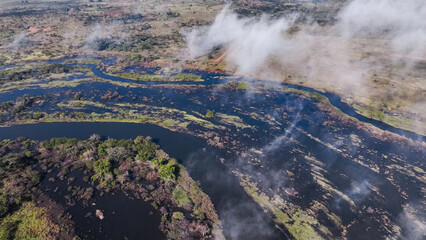 Aerial view of the lush river delta landscape in Angola showcasing winding waterways and vibrant vegetation