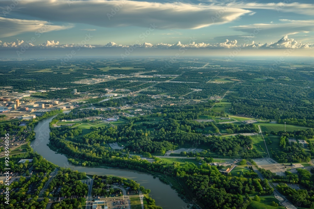 Fototapete aerial view of a city with a river flowing through it, suitable for use in urban planning or archite