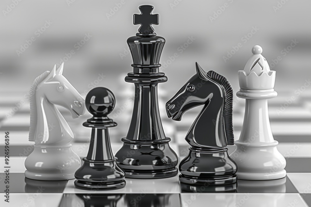 Poster Classic chess setup on a monochromatic board with chess pieces