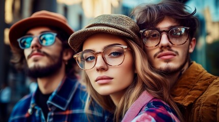 A group of young people wearing glasses, showcasing street fashion. Magazine shooting.