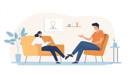 Psychologist attentively listening to an anxious patient in a calm therapy room, providing