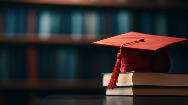 A red graduation cap sits atop a stack of books against a blurred bookshelf background.