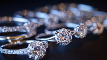 A collection of diamond-studded rings arranged in a row, showcasing their sparkle.