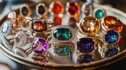 A collection of gemstone rings arranged neatly on a mirrored surface, emphasizing their vibrant colors.