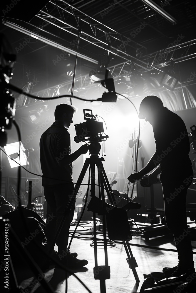 Poster two people standing in front of a camera on a tripod, filming or recording