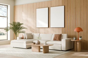 Modern living room featuring a cozy beige sofa, wooden coffee table, potted plant, vibrant orange lamp, and two framed artworks on wooden paneled wall, filled with natural light. 3d render.