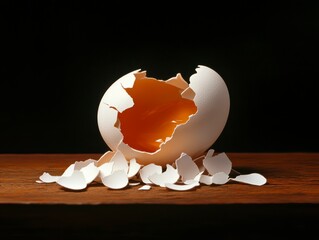 A cracked white egg with yolk visible, shell pieces scattered on a wooden surface.