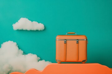 Obraz premium A brown suitcase sits on a cloud against a turquoise background with more clouds in the sky. This is a simple and colorful image representing travel.