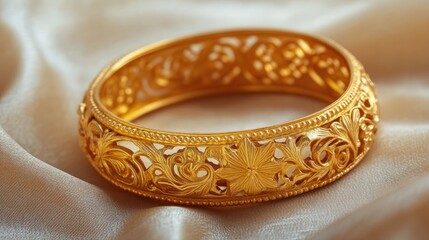A gold bangle with intricate carvings, displayed on a soft fabric background for a luxurious feel.