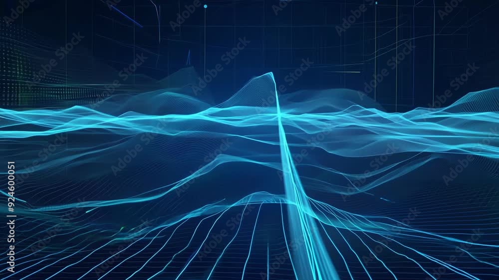 Poster a mesmerizing blue grid with data lines flowing and pulsating representing the constant flow of data