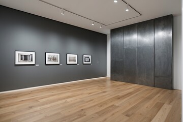 Obraz premium Modern Gallery Interior Design with Steel Grey Walls and Elegant Wooden Flooring