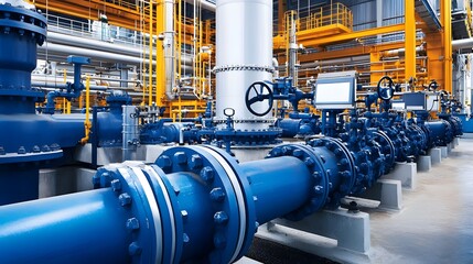 A row of yellow pipes with blue caps. The pipes are connected to a building