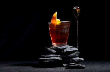 Ruby red cocktail or mocktail with orange garnish on a stack of stones against a black background