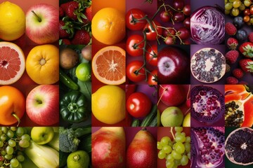 A colorful collage of various fruits and vegetables on a wooden board