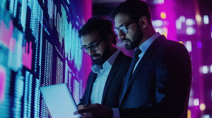 Two Indian financial professionals discussing market strategies over a laptop, with data