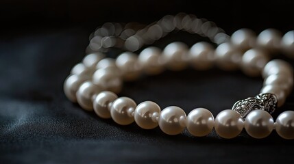 A pearl necklace with a matching bracelet, displayed against a dark background for contrast.