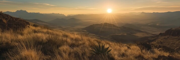 A picturesque sunrise casting golden light over a tranquil mountain valley with rugged terrain and scattered vegetation.