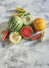 Directly above shot of various types of melons slices	