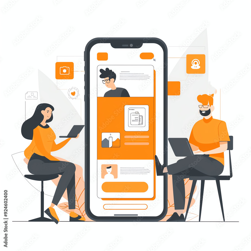 Poster mobile app prototype, user testing session, flat design illustration