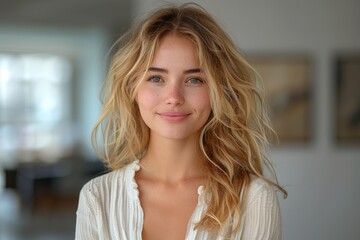 Portrait of a cheerful turquoise eye of woman with blonde hair smiling in a white top, highlighting her long hair and natural smile in interior room. - Powered by Adobe