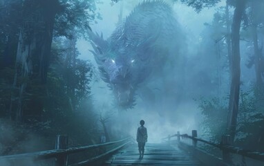A Boy Encounters a Dragon in a Foggy Forest