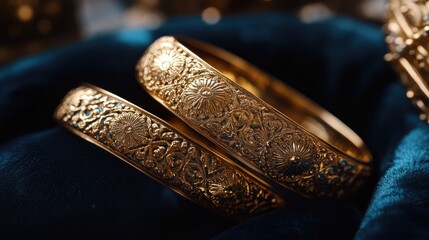 A set of gold bangles with intricate designs, placed delicately on a velvet cushion.
