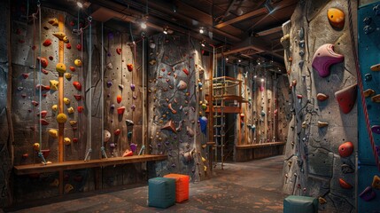 Obraz premium An adventure-themed office with rock climbing walls, rope courses, and obstacle challenges.