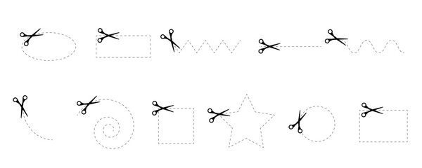 Scissors icons with dotted lines path set. Cut here pictogram for coupons, vouchers, labels, paper pages. Simple graphic stock vector illustration isolated on white background.