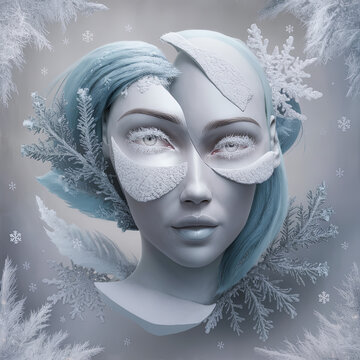 Exquisite 3D render of an abstract winter-themed art piece, featuring a female face adorned with ice patterns and snowflakes, surrounded by frosty foliage, evoking the essence of winter and frozen bea