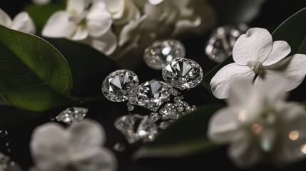 Diamonds placed delicately in a floral arrangement, capturing the essence of beauty and luxury, no people.