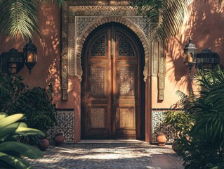 Fototapeta premium The front door of a building is made of wood and has a decorative design