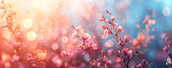 Fototapeta premium A vibrant floral background with soft bokeh lights, blending warm hues and delicate blooms, perfect for any artistic project.