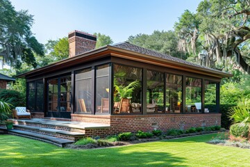 Small sunroom with large windows and clear screens on an aged red brick house in coastal South Carolina, surrounded by a green yard under a blue sky.