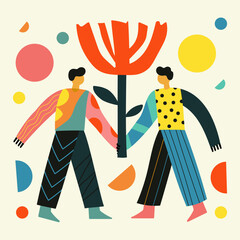 Vector illustration with friends or couple man support each other and hold big red flower. Mental health, communication, relationships concept art. Abstract illustration with people, team work print