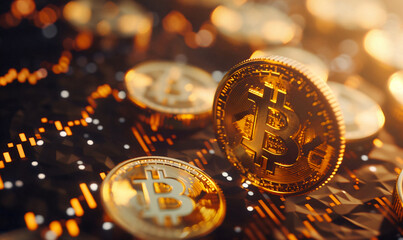 Gold coins with a dollar and bitcoins sign on top stacked in front of a rising graph line and trading chart background, concept of business success, economic or market growth, investment revenue