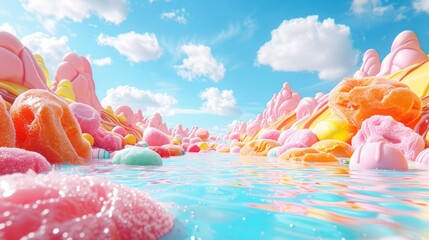3d landscape candyland. Fantasy world Colorful candyland backgrounds. Candy storms from the sky.