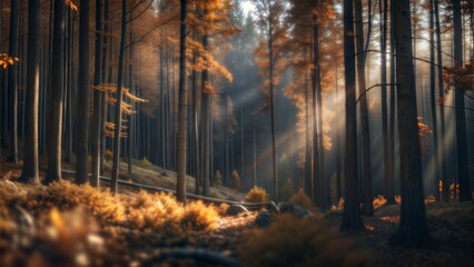 Obraz premium Abstract autumn forest with layered trees and gradient colors