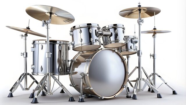 Shiny chrome drum set with snare, bass, and cymbals sits isolated on a white background, lit by soft, even lighting, highlighting its metallic details.
