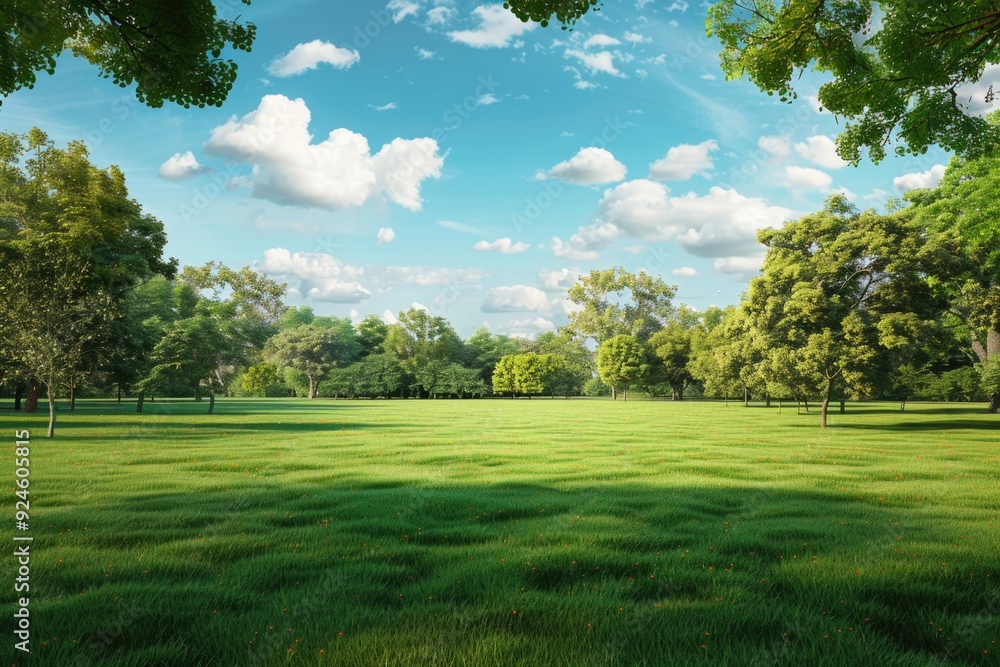 Poster a serene landscape with a field of grass and distant trees