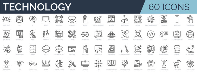Set of 60 outline icons related to technology. Linear icon collection. Editable stroke. Vector illustration