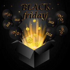 Gift magic open 3d box with golden rays,flying magic dust,balloons and coins for Black Friday sale. Graphic elements for your design. Vector illustration.
