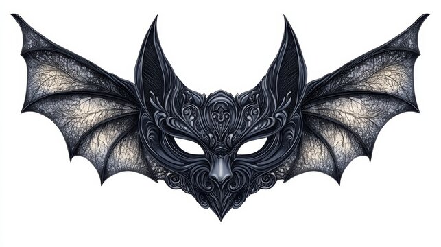 Halloween party mask featuring a vampire bat with spread wings, intricate detail, spooky dark theme, vector illustration, isolated on white background