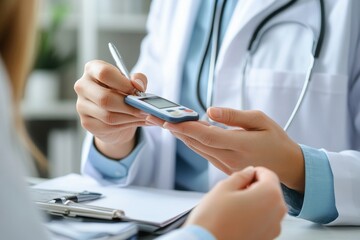 Obraz premium Doctor Using Glucometer On Patient's Finger, Generative AI