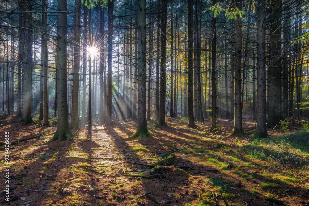 Poster a serene scene with sunlight peeking through tree branches in a dense forest